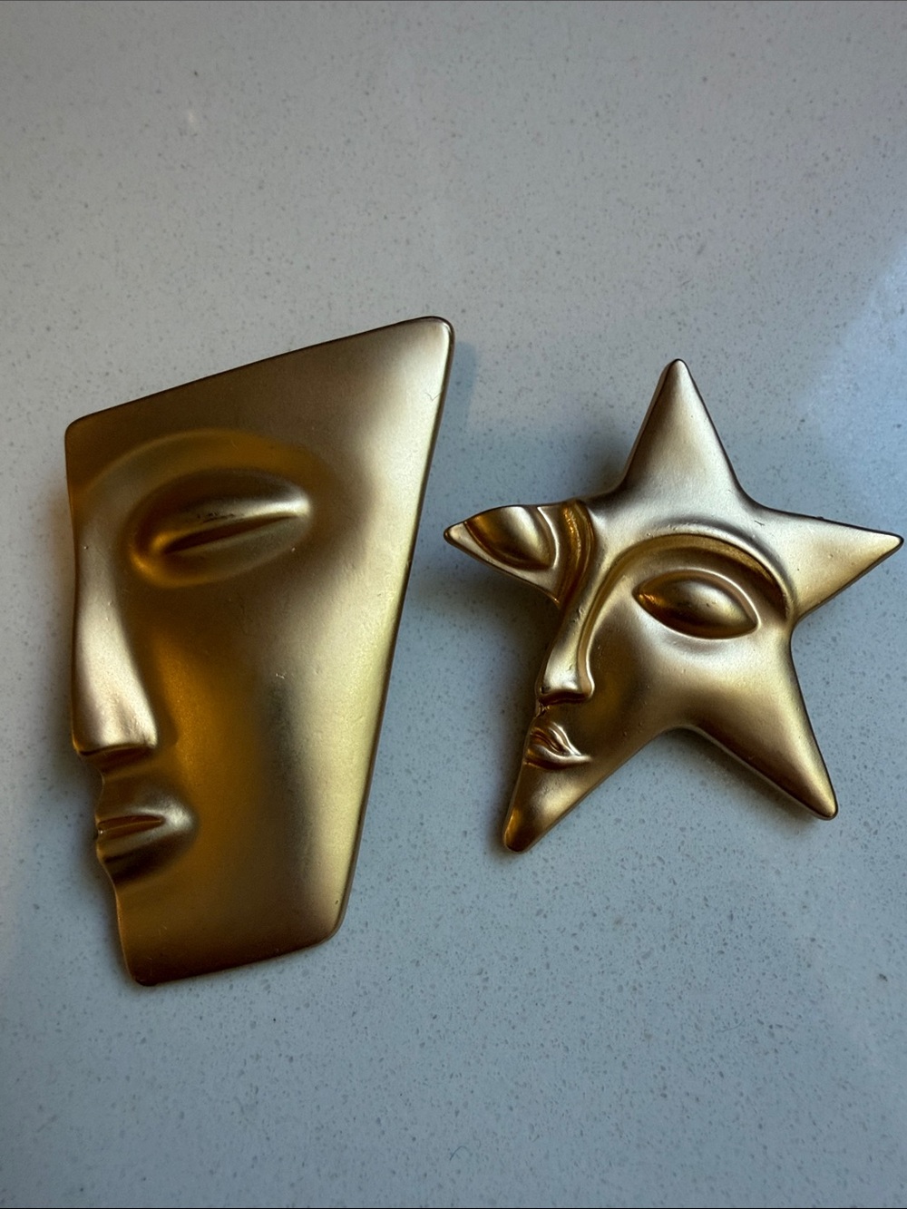 Abstract Face Sculptural Star and Angular Shape Brooch Set- Celestial, Art Deco